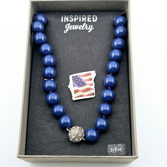 Blue Beaded Necklace Round Stone Silver Stardust Center Chunky Statement New - Picture 5 of 5